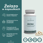 Żelazo w kapsułkach Naturecan z 18 mg bisglicynianu żelaza, chelatowaną formą i wegańską formułą bez zbędnych dodatków.