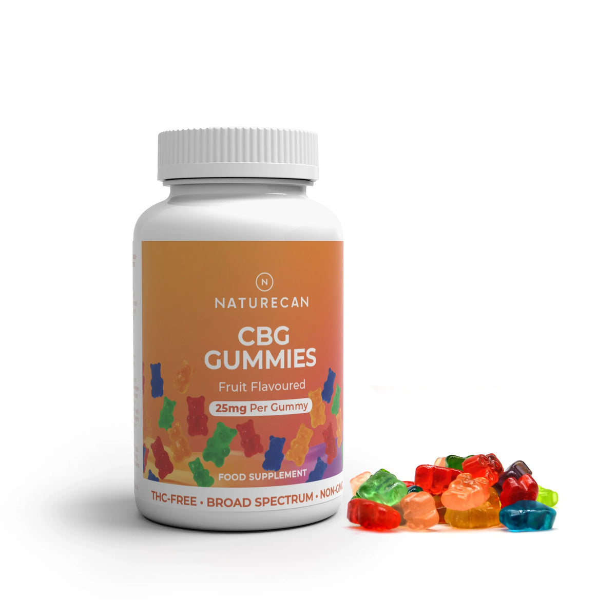 Żelki CBG 25 mg Naturecan  - opakowanie żelków o owocowym smaku, z kolorowymi żelkami w kształcie misiów.
