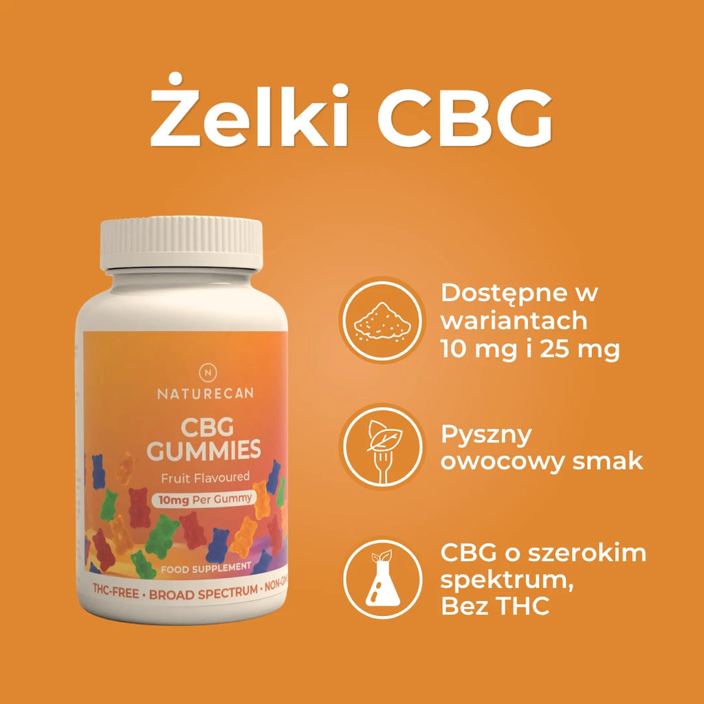 Żelki CBG Naturecan dostępne w wariantach 10 mg i 25 mg. Owocowy smak, szerokie spektrum kannabinoidów i formuła bez THC.