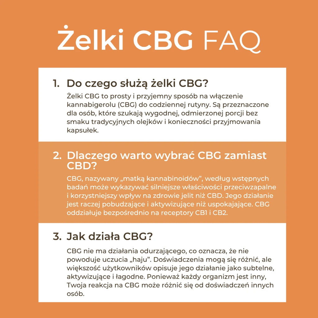 FAQ o żelkach CBG Naturecan – do czego służą żelki CBG, czym CBG różni się od CBD i jak działa kannabigerol.