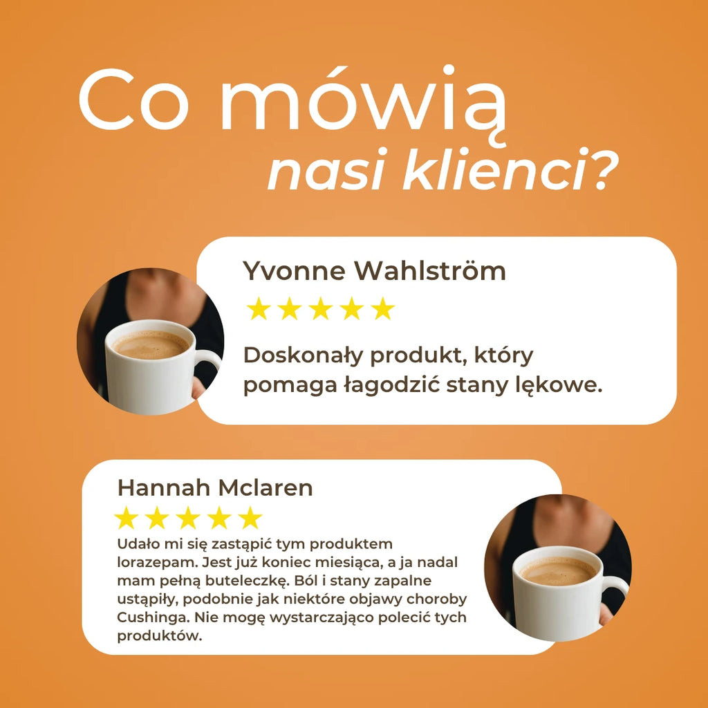 Opinie klientów o produktach CBG Naturecan – dwie pięciogwiazdkowe recenzje przedstawione na pomarańczowej infografice.