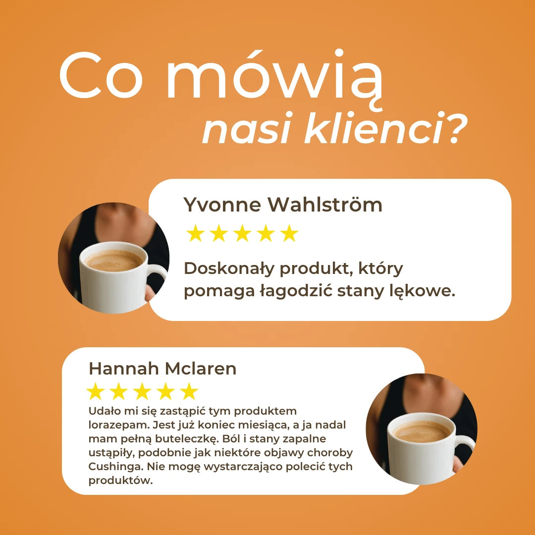 Opinie klientów o produktach CBG Naturecan – dwie pięciogwiazdkowe recenzje przedstawione na pomarańczowej infografice.