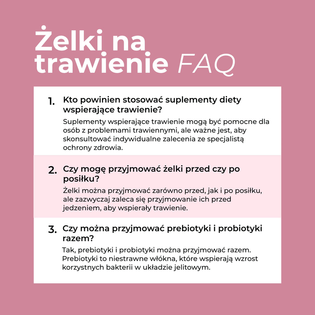 FAQ dotyczące żelków na trawienie Naturecan, stosowania przed posiłkiem oraz łączenia prebiotyków i probiotyków.
