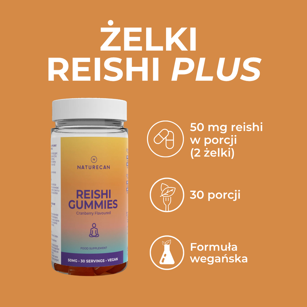 Żelki Reishi Naturecan - 50 mg reishi w porcji, 30 porcji w opakowaniu, formuła wegańska