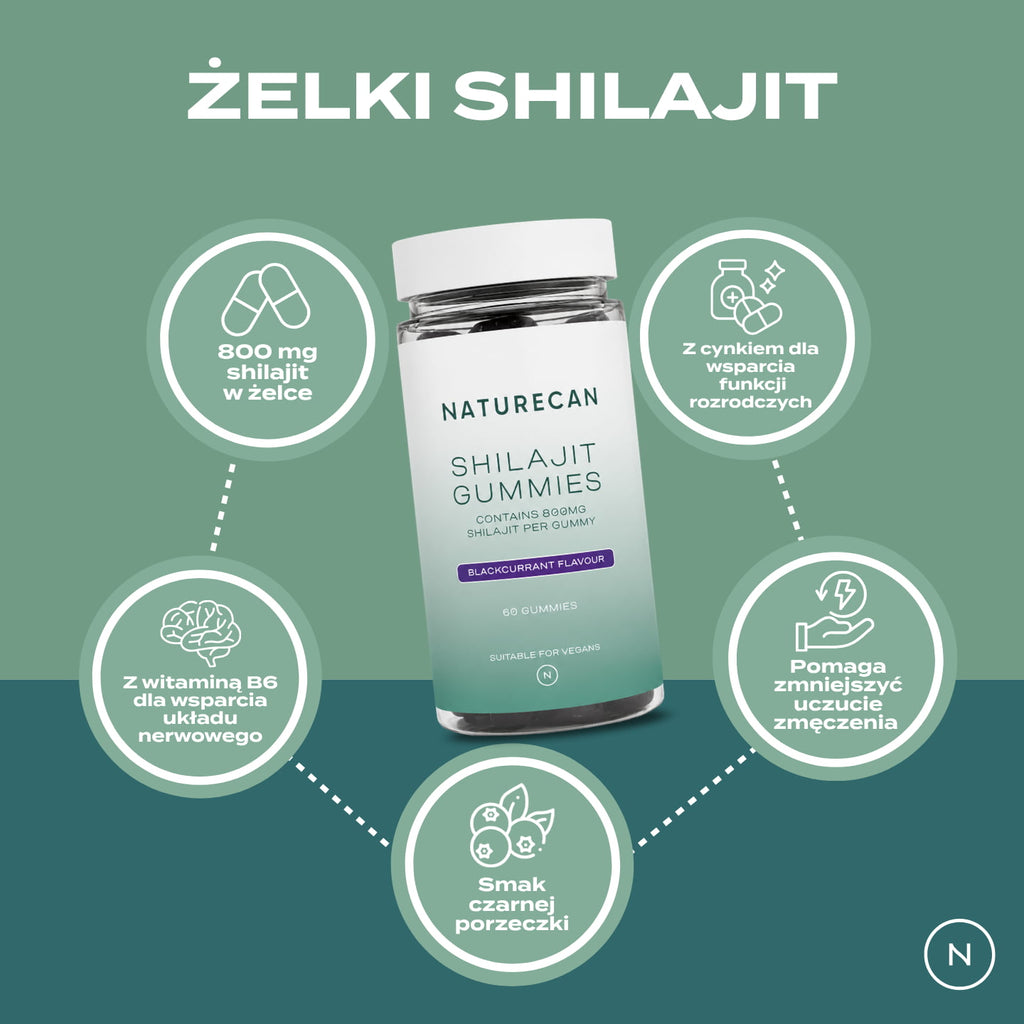 Infografika przedstawiająca najważniejsze cechy żelek Shilajit Naturecan: 800 mg shilajit w żelce, witamina B6, cynk, wsparcie energii i smak czarnej porzeczki.