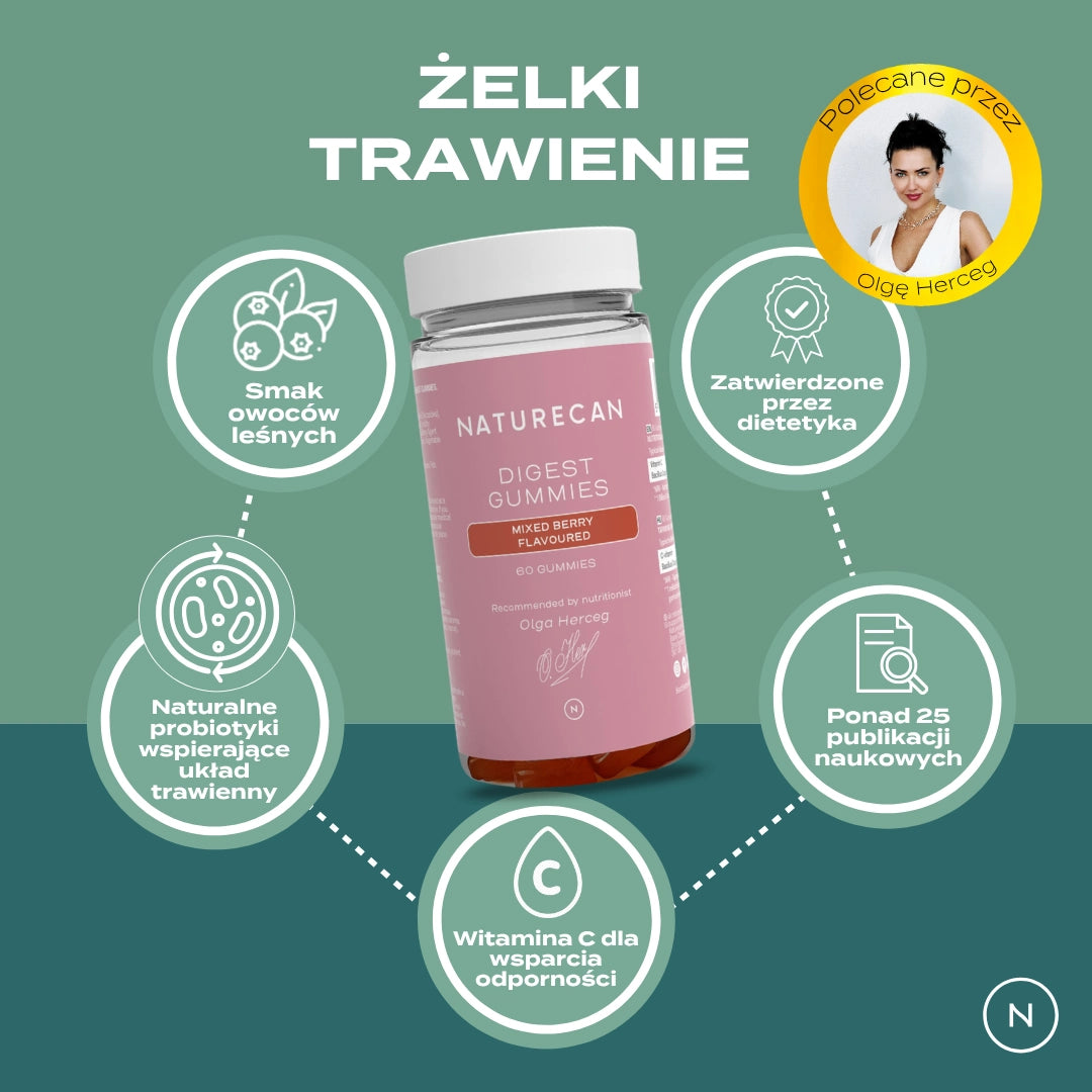 Żelki wspierające trawienie Naturecan Digest Gummies o smaku owoców leśnych z naturalnymi probiotykami i witaminą C.