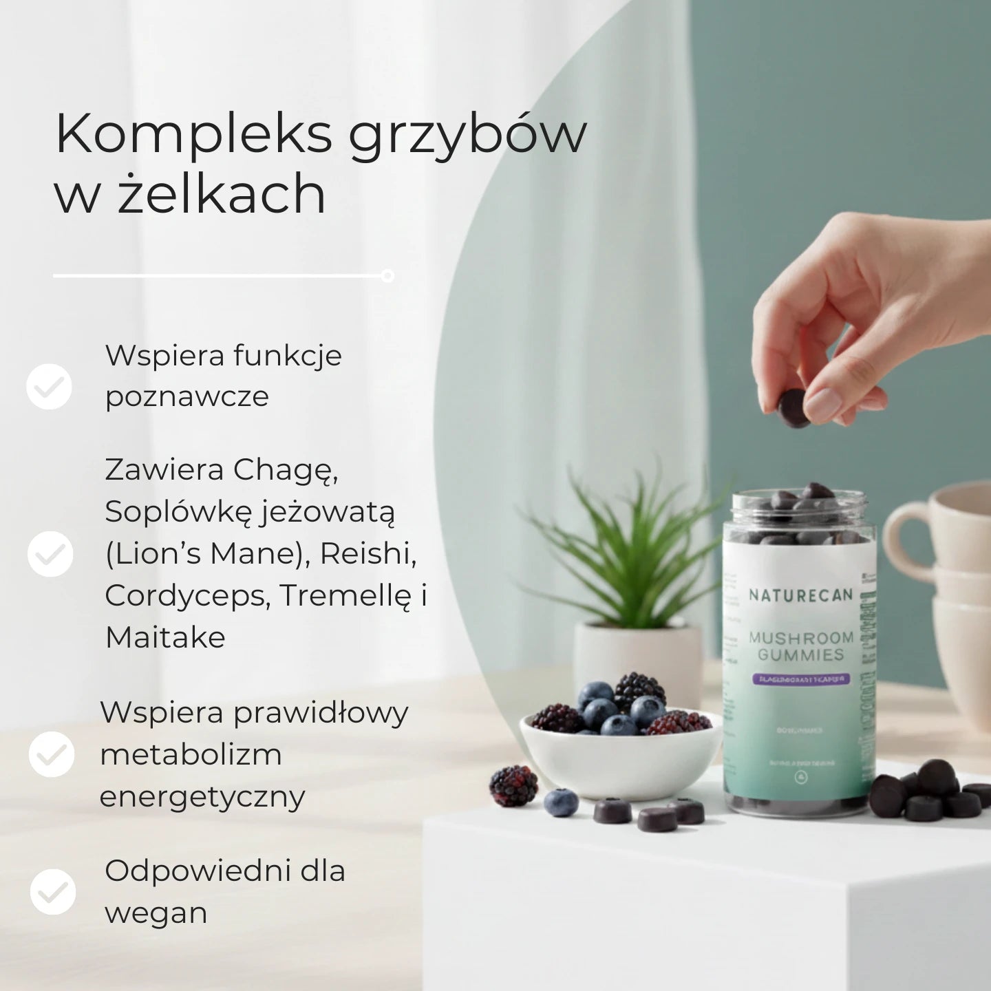 Mushroom Complex Gummies – żelki z kompleksem grzybów: soplówka jeżowata (Lion’s Mane), reishi, chaga, cordyceps, maitake i tremella – wsparcie koncentracji, energii i wegańska formuła