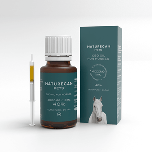 Olej CBD dla koni Naturecan Pets 40% w butelce 10 ml, pokazany z pudełkiem i strzykawką dozującą, na białym tle